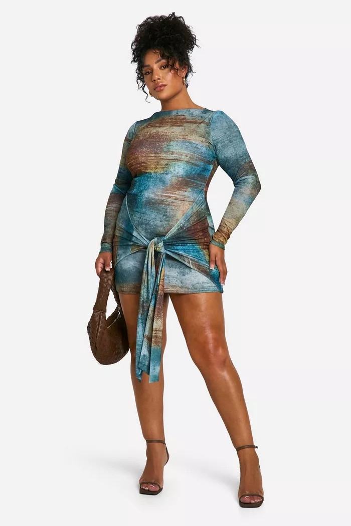 Plus Printed Tie Front Mesh Mini Dress | Boohoo.com (UK & IE)