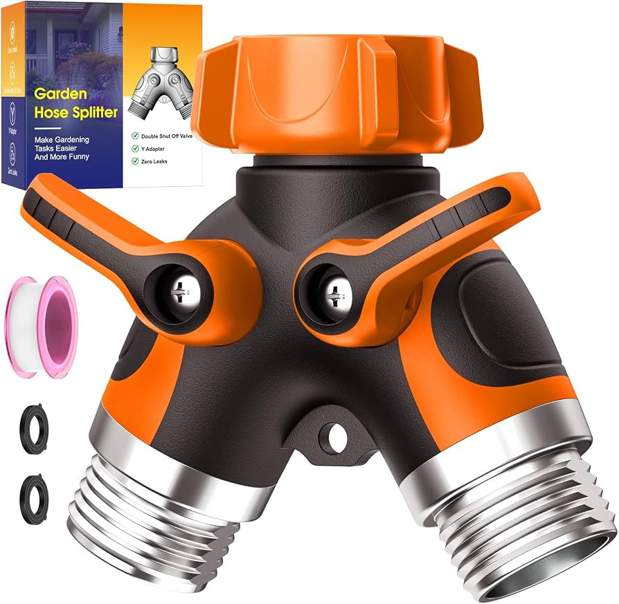 2 Way Garden Hose Splitter with Shut Off Valve,Water Spigot Splitter for 3/4" Hose Connector,Heav... | Amazon (US)