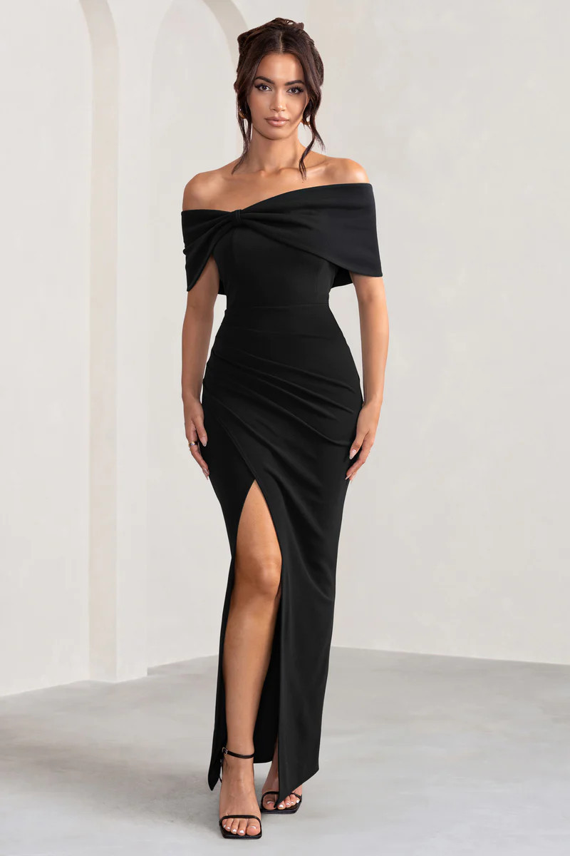Eva | Black Bardot Bow Detail Maxi Dress With Thigh Split | Club L London