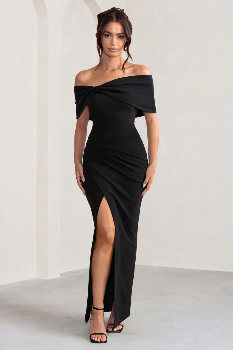 Eva | Black Bardot Bow Detail Maxi Dress With Thigh Split | Club L London