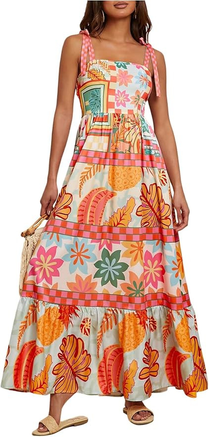 WDIRARA Women's Boho Floral Sleeveless Ruffle Maxi Dress Tropical Graphic Tie Shoulder Smocked Ca... | Amazon (US)