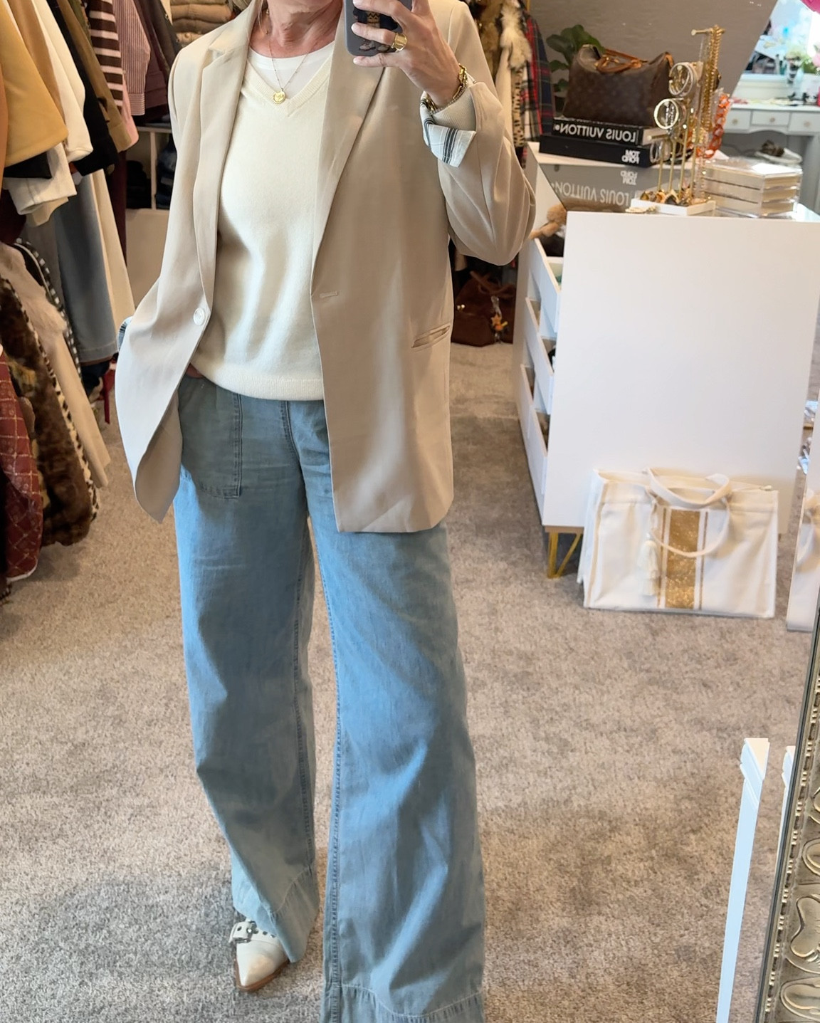 Spring Classic -Outfit of the day

Love neutrals? 
I am your girl

Nothing over $90

Light washed wide leg chambray light weight pull on pant. By Free people 
Deep from and back pockets, comfy and flattering. 
I am in the small 

White Spanx body suit 
Tts  save 15% with code Deardarcyxspanx 

Cashmere vneck  quince  sweater (I sized up) so I could layer button ups under if I wanted :) 
Comes in several colors 

Amazon find light weight blazer with stripped cuff details 
So affordable 

Two buckle leather pointed toe shoes 
Designer inspired- Amazon find
Size up 1/2 size if you have a wider foot
Comes in a couple colors Amazon find



#LTKgrwm #LTKOver40 #LTKootd