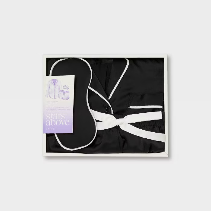 Women's 3pc Satin Long Sleeve Notch Collar Top and Shorts Pajama Set with Eye Mask - Stars Above... | Target