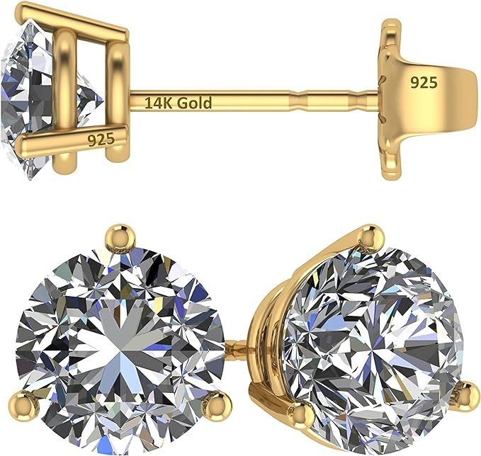 14K Gold Post & Sterling Silver Pure Brilliance Zirconia 3 Prong Martini Style Stud Earrings 1.0c... | Amazon (US)