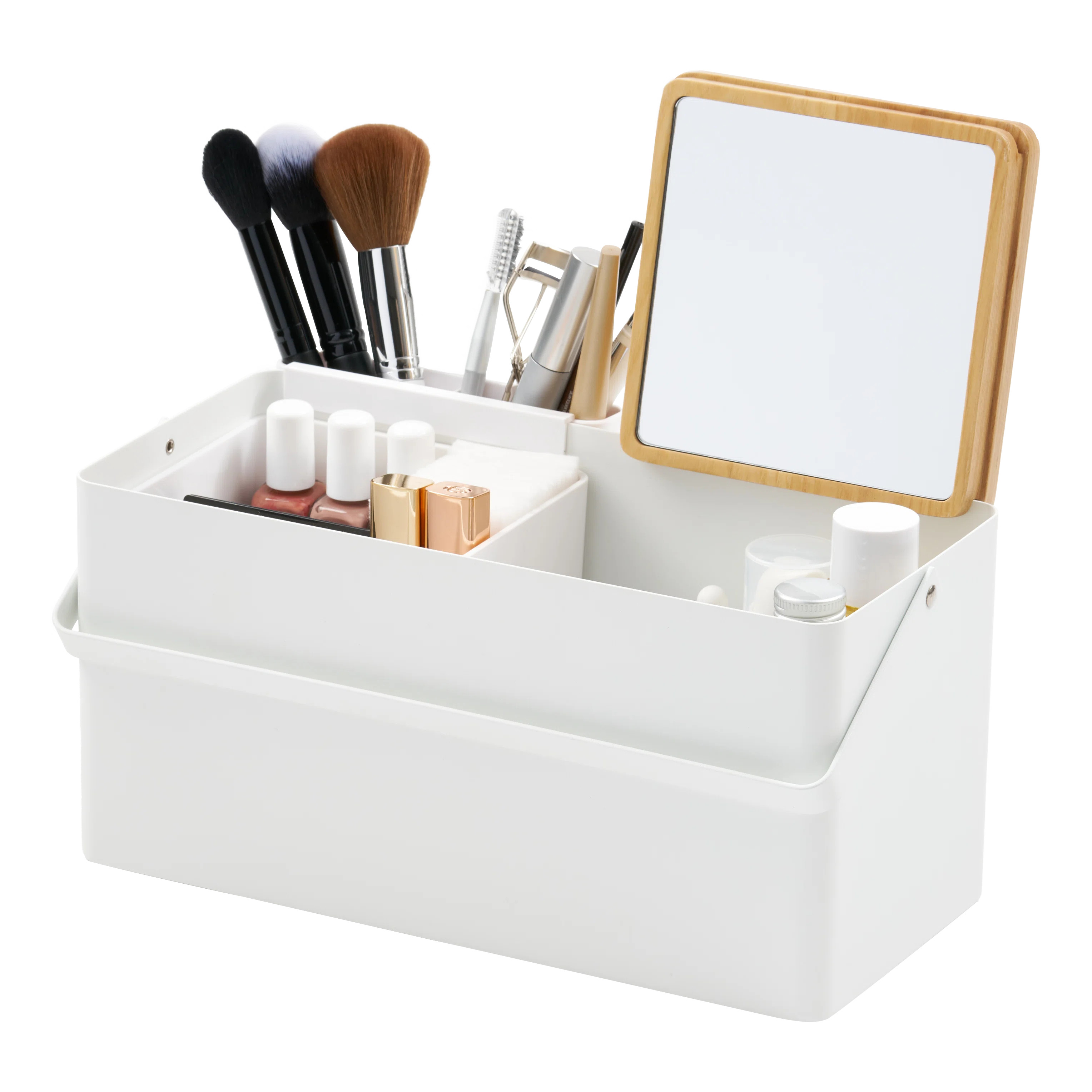 Yamazaki Home Large Makeup Organizer Cosmetic Caddy With Handle Vanity Storage Mirror, Steel + Wo... | Wayfair North America