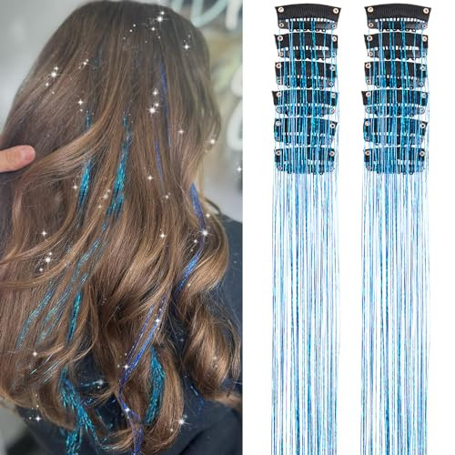 Sky Blue Fairy Hair Tinsel Kit Pack of 12 Pcs Clip in Hair Tinsel Kit 20 Inch Glitter Sky Blue Tinsel Hair Extensions Festival Gift Tinsel Fairy Hair Extension Party Dazzle Hair (12Pcs,Sky Blue#) | Amazon (US)