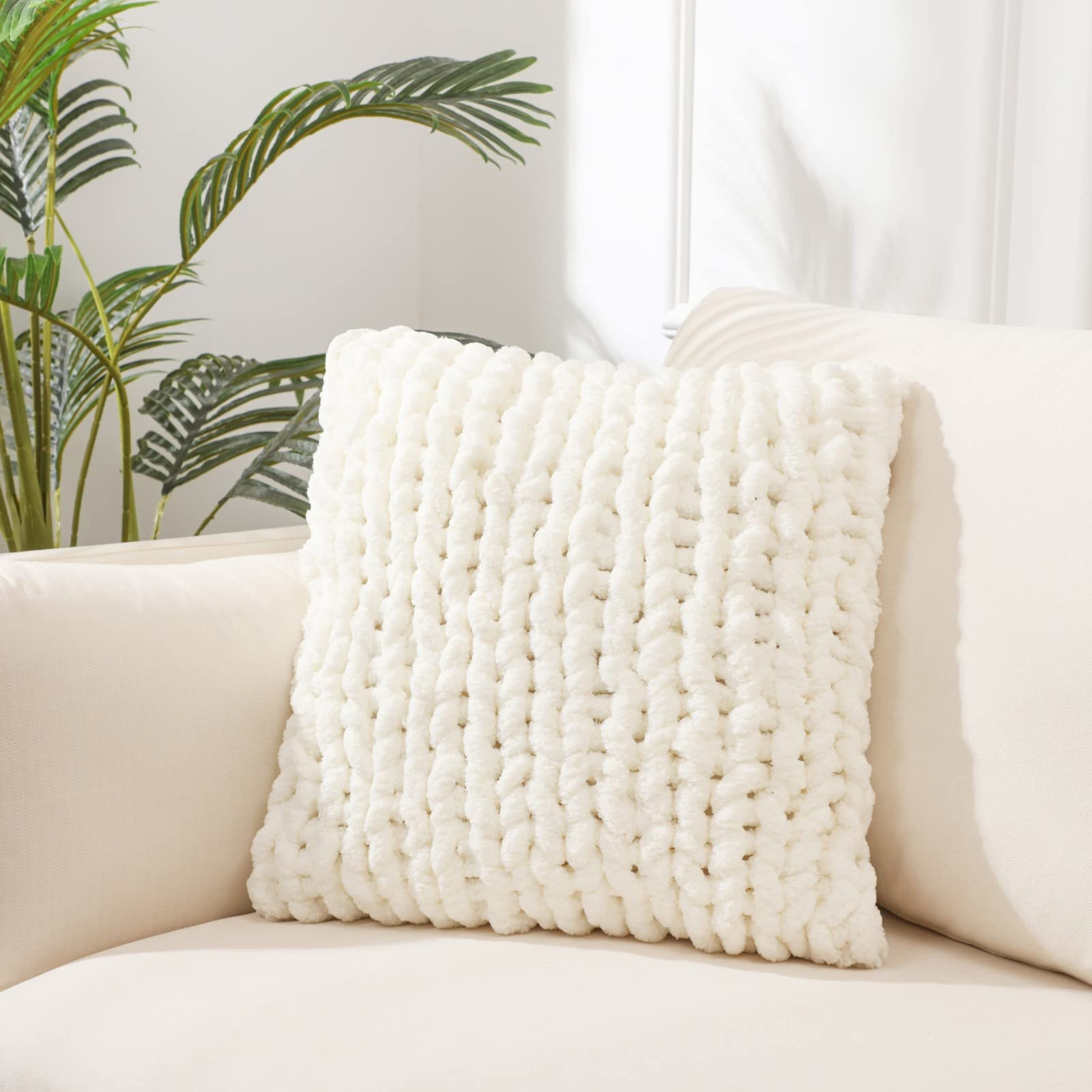 Cream White Chunky Knit Throw Pillow Covers 1PC 18"×18" Square Luxury Style Crochet Pillow Case ... | Amazon (US)