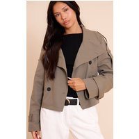 Olive Double Breasted Funnel Neck Cropped Trench Coat | PrettyLittleThing US