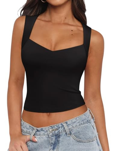 REORIA Womens Sexy V Neck Sleeveless Crop Tank Top Cute Basic Double Lined Tops 2025 Y2K Going Out T Shirt Black Small | Amazon (US)