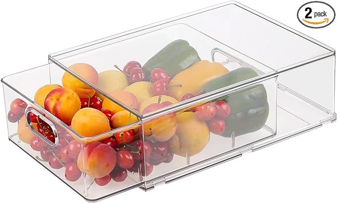 Stackable Refrigerator Organizer Bins with Pull-out Drawer,Clear Fridge Drawer Organizer with Han... | Amazon (US)