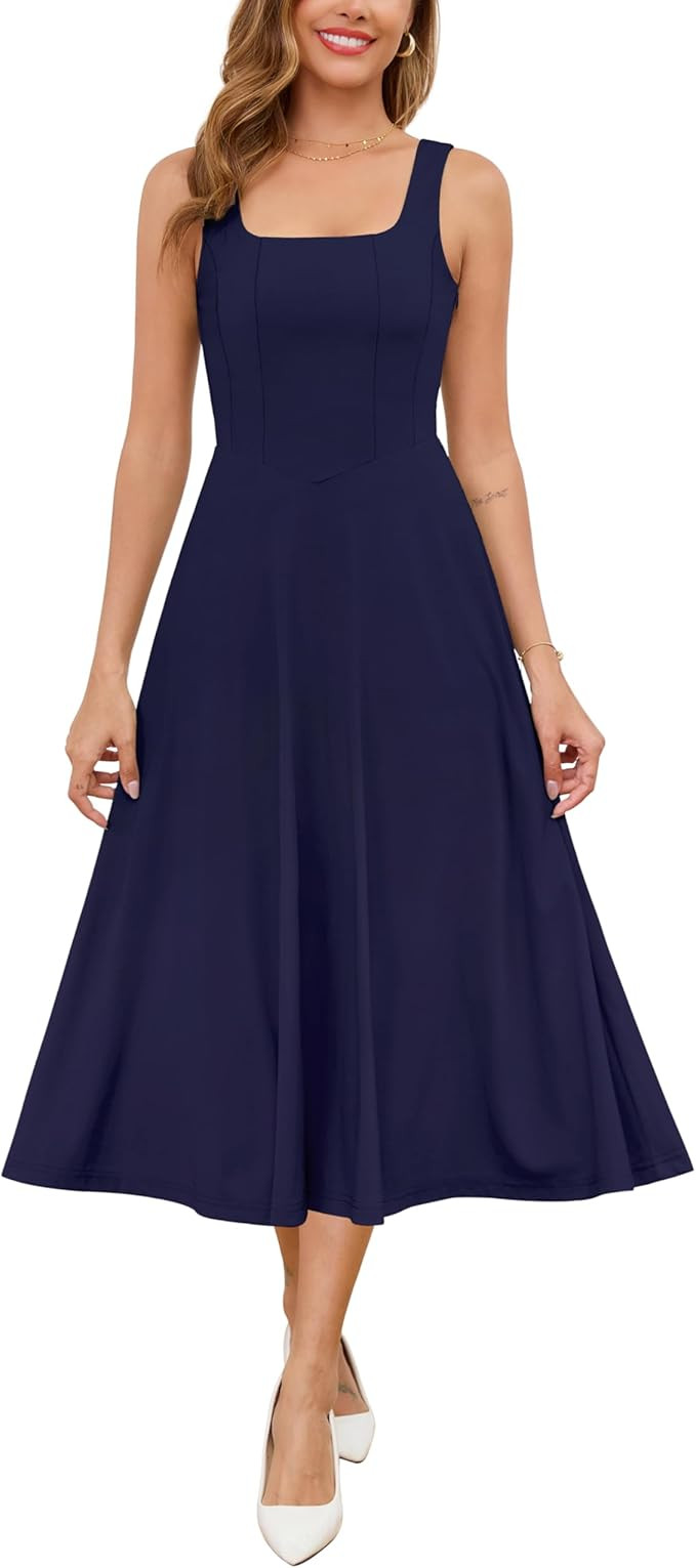 Zattcas Womens 2025 Spring Summer Square Neck Sleeveless Flowy Swing Midi Dress Wedding Guest Pro... | Amazon (US)