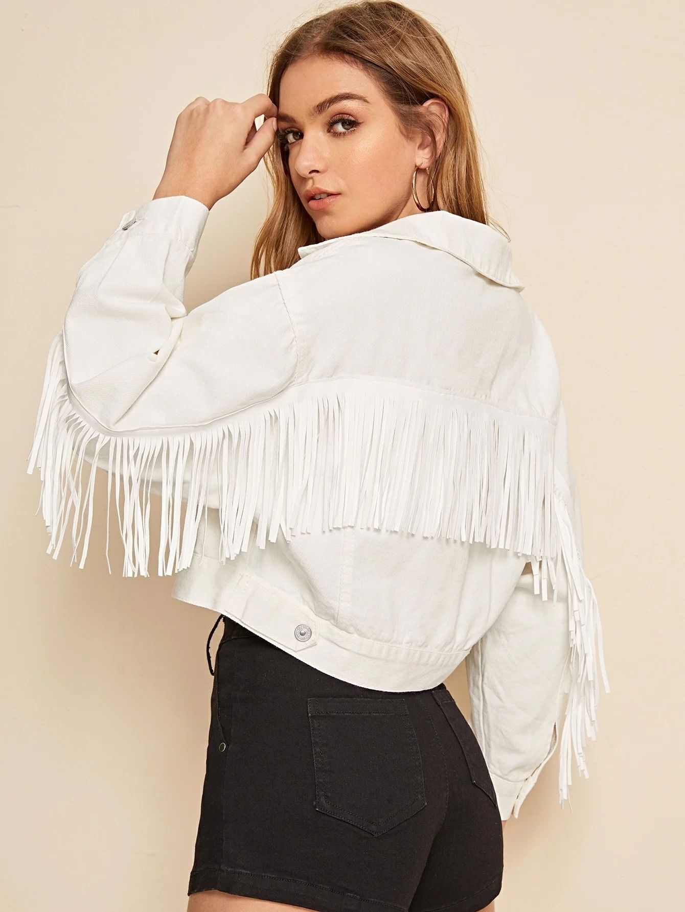 White Wash Fringe Detail Denim Jacket | SHEIN