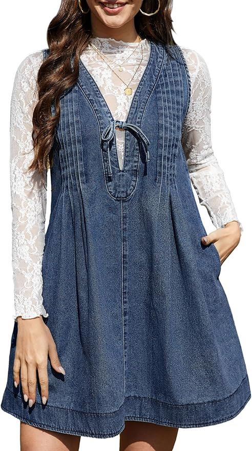 Women's Denim Mini Dress V Neck Sleeveless Pleated Flowy Overall Dress Casual Loose Fit Jean Dres... | Amazon (US)