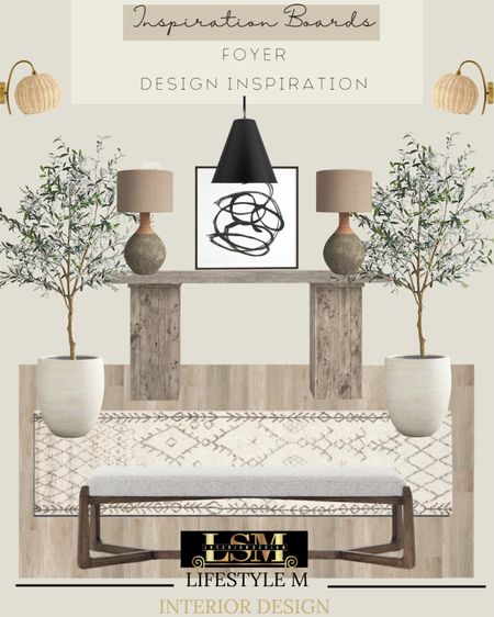 Foyer design inspiration. Recreate the look at home. Wood console table, wood upholstered bench, foyer runner rug, wood floor tile, white tree planter pot, faux fake tree, table lamp, wall art, rattan wall sconce light, black pendant light.

#LTKstyletip #LTKFind #LTKhome