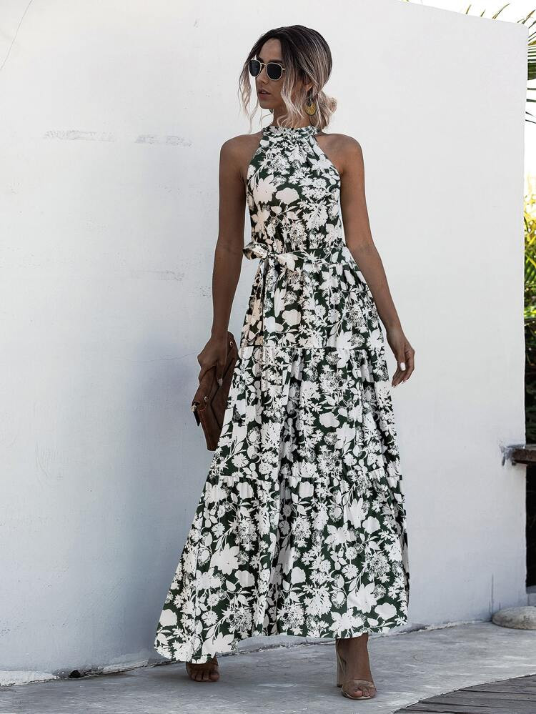 All Over Floral Print Belted Halter Dress | SHEIN