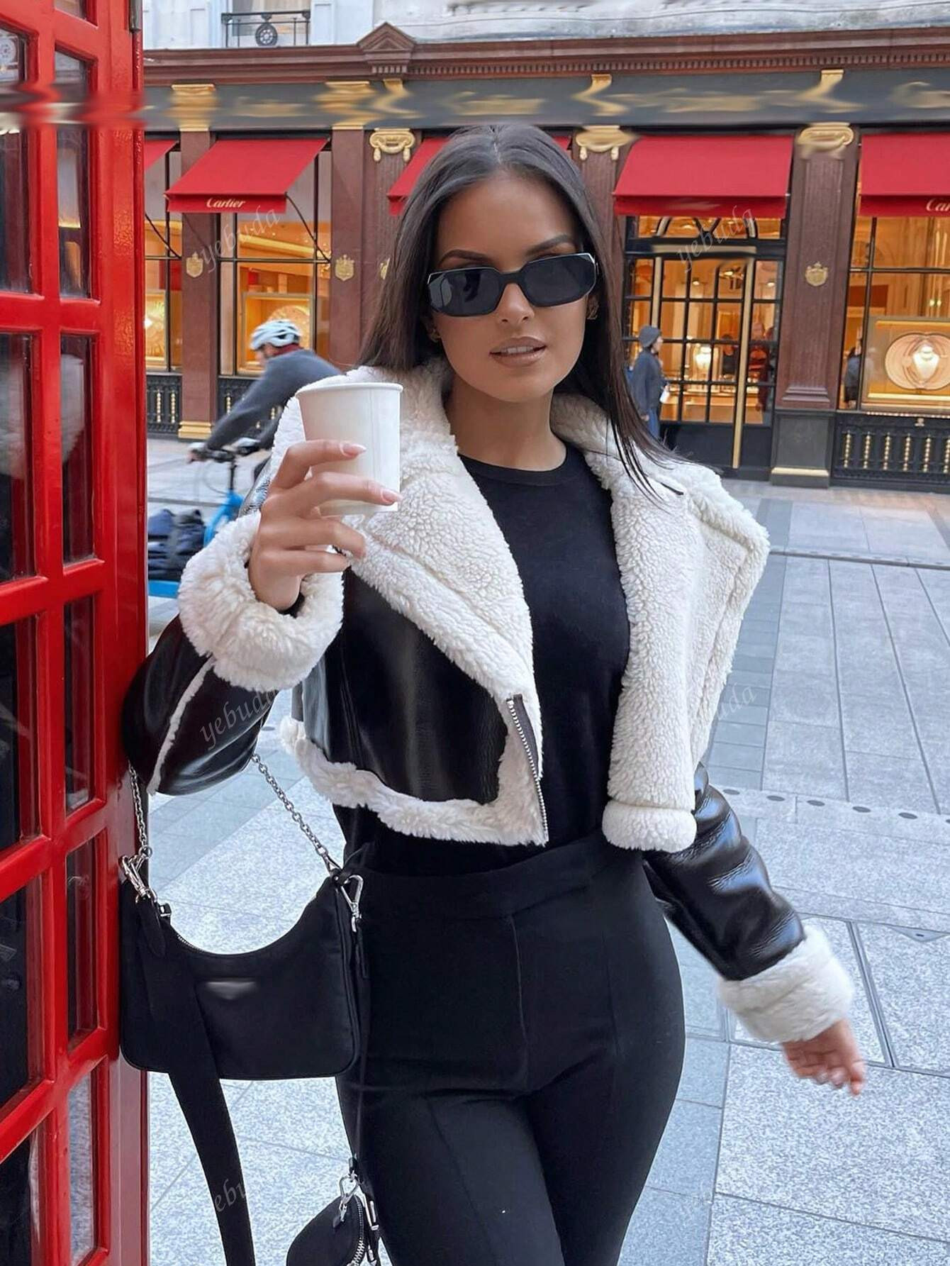 1pc Women Fashion Reversible Color-Block Collar Short Faux Fur Lined Jacket Coat, Warm Winter Out... | SHEIN