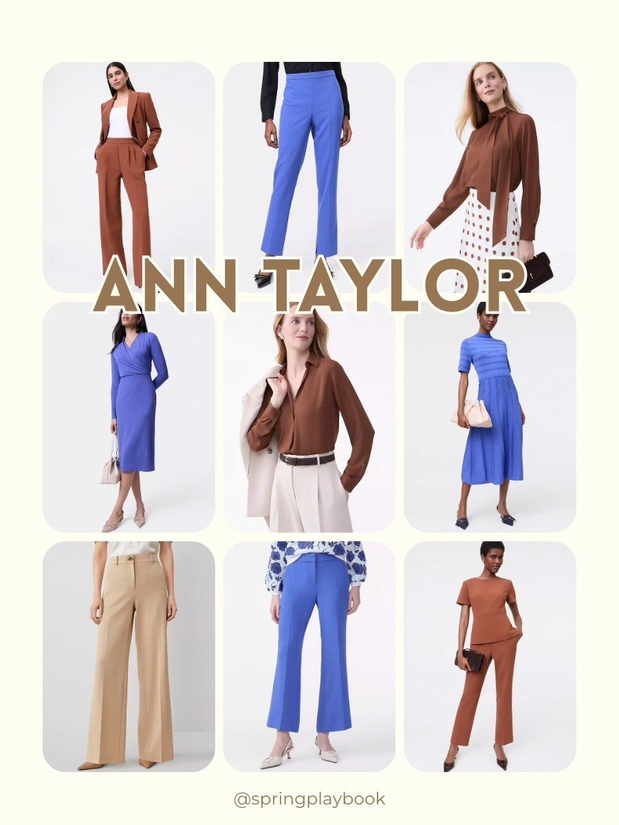 Ann Taylor for Springs.

Tan, beige, chocolate, periwinkle 
Suit, workwear, work pants

#LTKOver40 #LTKWorkwear #LTKFindsUnder100