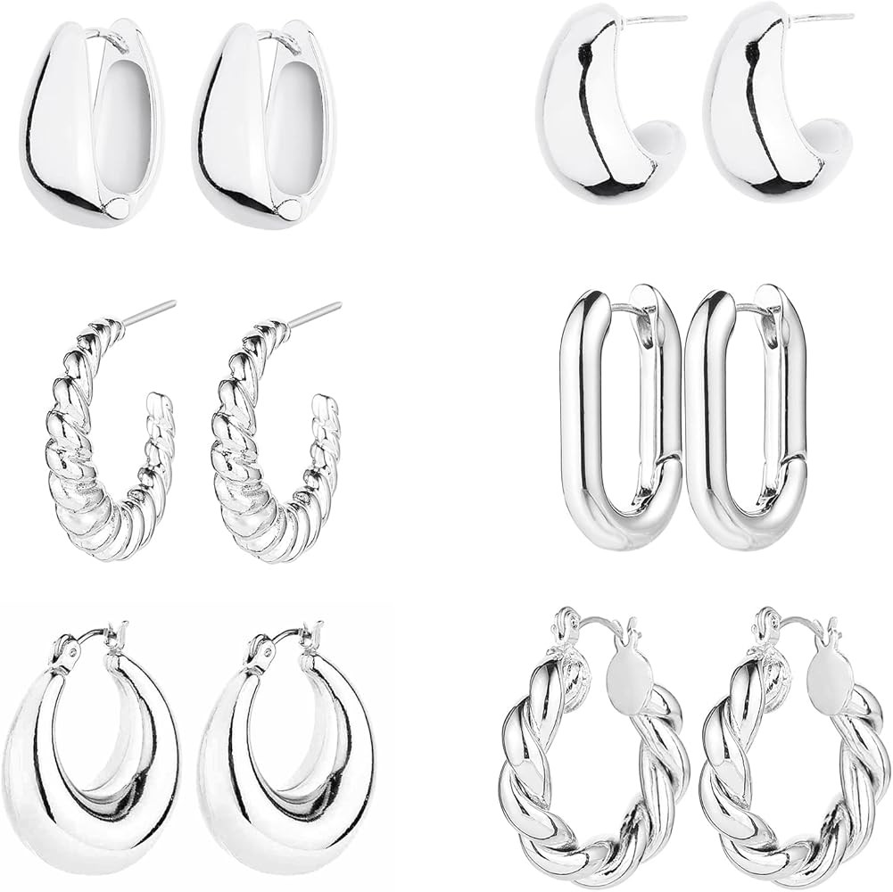 6 Pairs 14K Gold Hoop Earrings for Women Lightweight Chunky Hoop Earrings Multipack Hypoallergeni... | Amazon (US)