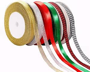 6 Rolls 150 Yards Christmas Wrapping Ribbon Glitter Fabric Holiday Festival Satin Plaid Ribbons f... | Amazon (US)