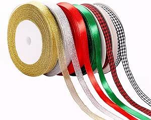 6 Rolls 150 Yards Christmas Wrapping Ribbon Glitter Fabric Holiday Festival Satin Plaid Ribbons f... | Amazon (US)