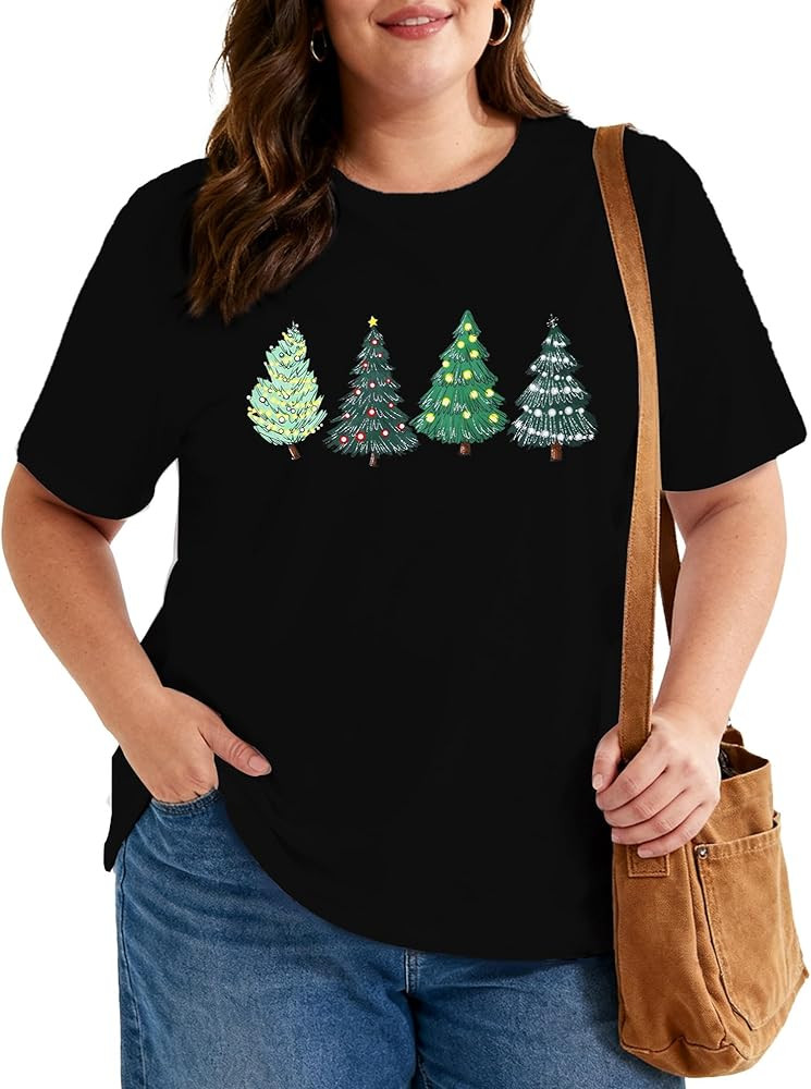 Plus Size Christmas Tree Shirt for Women Merry Christmas Xmas Holiday Short Sleeve | Amazon (US)