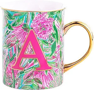 Lilly Pulitzer Initial Ceramic Coffee Mug, 14 Oz Tea Cup, Cute Mug with Gold Handle and Gift Box,... | Amazon (US)