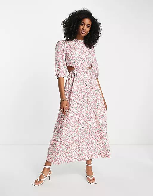 Neon Rose tie back tiered maxi smock dress in pink ditsy floral | ASOS (Global)