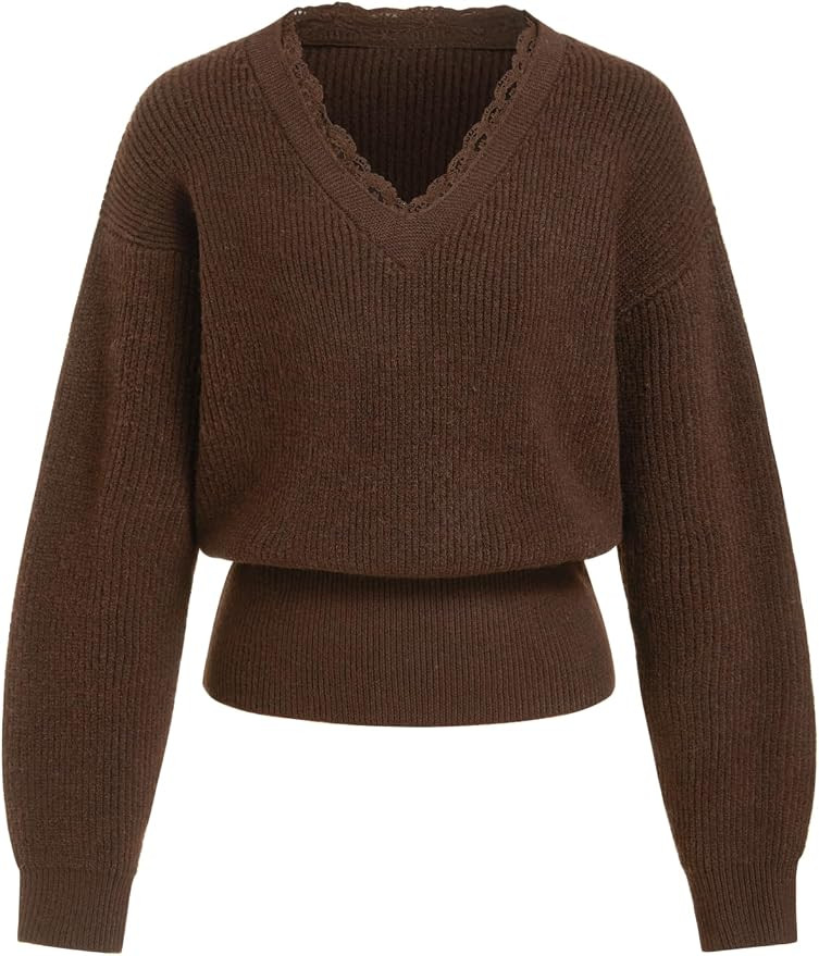 CIDER V Neck Sweater Lace Hem Cropped Knit Pullover Tops | Amazon (US)