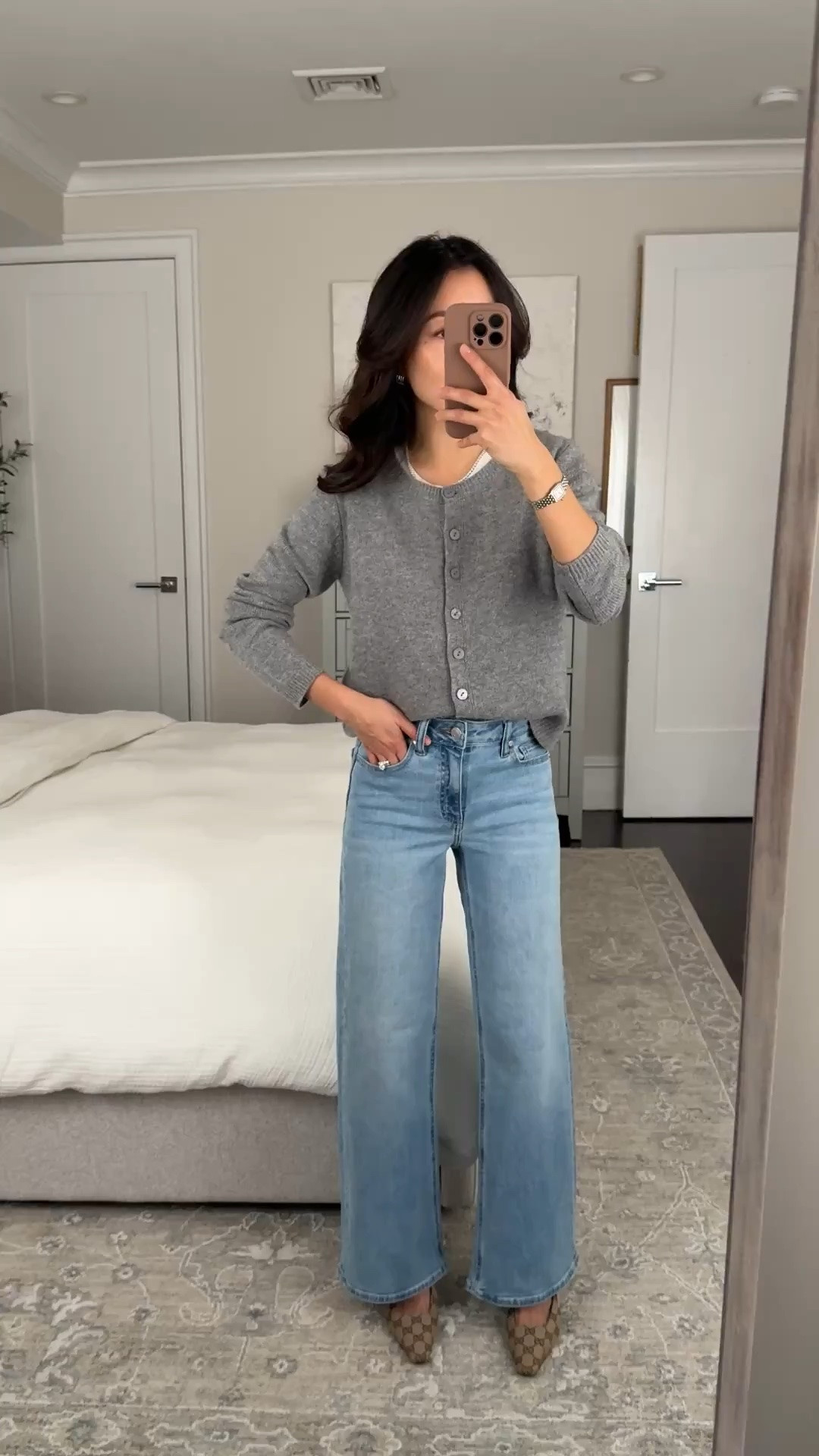 Petite friendly elevated Quince staples • Mongolian Cashmere Cropped Cardigan xs, fits petites better than their standard cardigan, shorter in length and has a boxier cut 
You can size down for a more shrunken fit. Keep in mind cashmere also shrinks slightly when washed in cold at home. 
• Everlane tee XS size up 

• Bella stretch wide leg jeans size 24 short - current version of the Bella Short jeans has a 28" inseam 

• Gucci slingbacks 

Petite friendly jeans, transitional spring outfit, easy mom outfit

#LTKmomlife #LTKPetite #LTKWorkwear