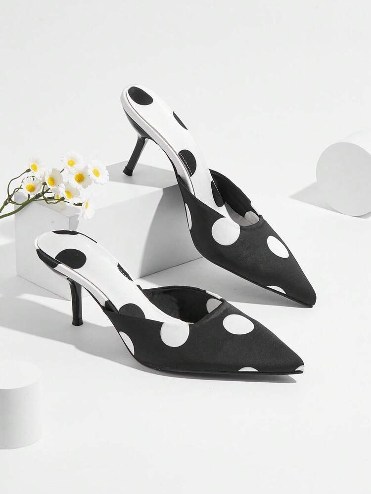 Minimalist Elegant Black Polka Dot Pointy Toe Backless Stiletto High Heels, Commuting Style | SHEIN