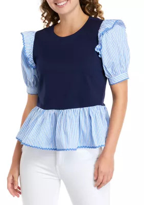 ENGLISH FACTORY Women's Short Sleeve Trim Edge Mixed Media Top | Belk