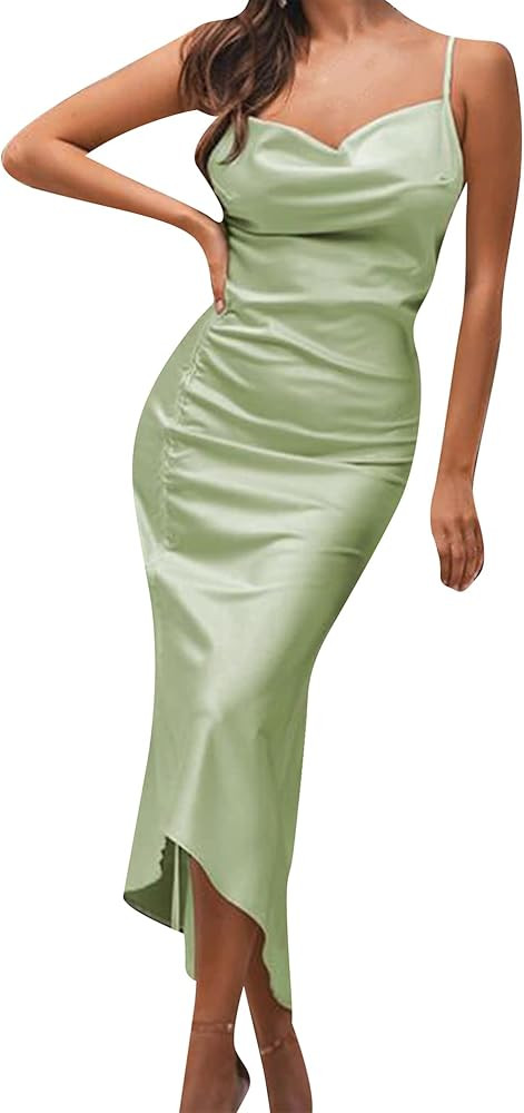 OMZIN Women's Sexy Wedding Guest Dresses Spaghetti Straps Cowl Neck Cami Dress Side Slit Cocktail... | Amazon (US)