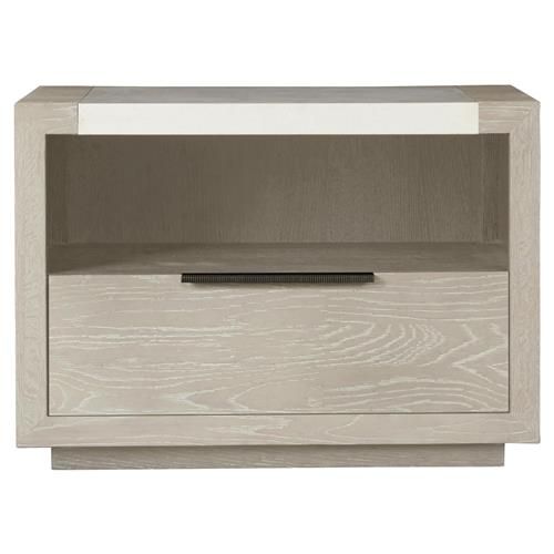 Open Box Aaren Modern Classic White Stone Top Grey Wood 1 Drawer Nightstand | Kathy Kuo Home