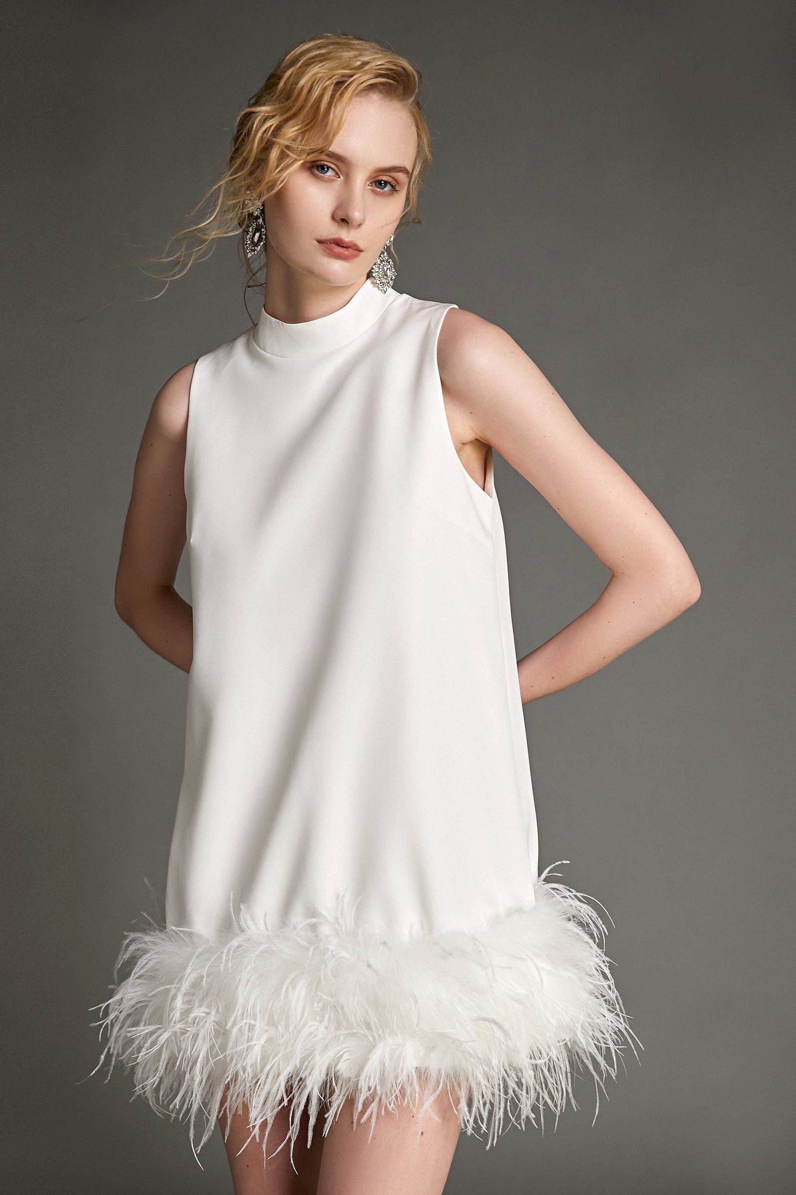 White Sleeveless Mock Neck Feather-Trimmed Mini Dress | J.ING