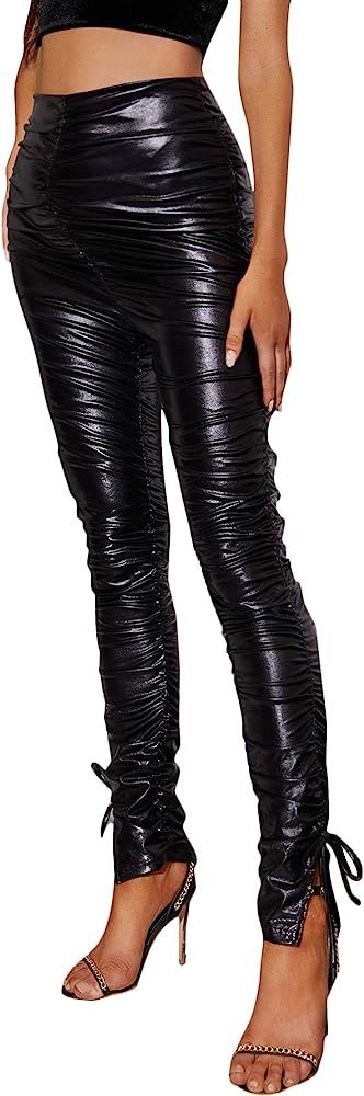 MakeMeChic Women's Faux Leather Pants Stretchy PU Leather Leggings Halloween Costumes | Amazon (US)