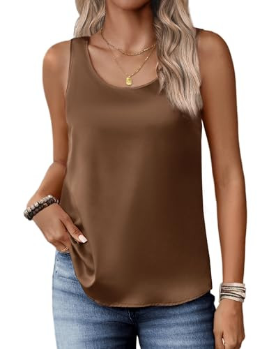 Zeagoo Silk Satin Tank Tops for Women Scoop Neck Sleeveless Camisole Tops 2025 Summer Business Casual Outfits Brown | Amazon (US)