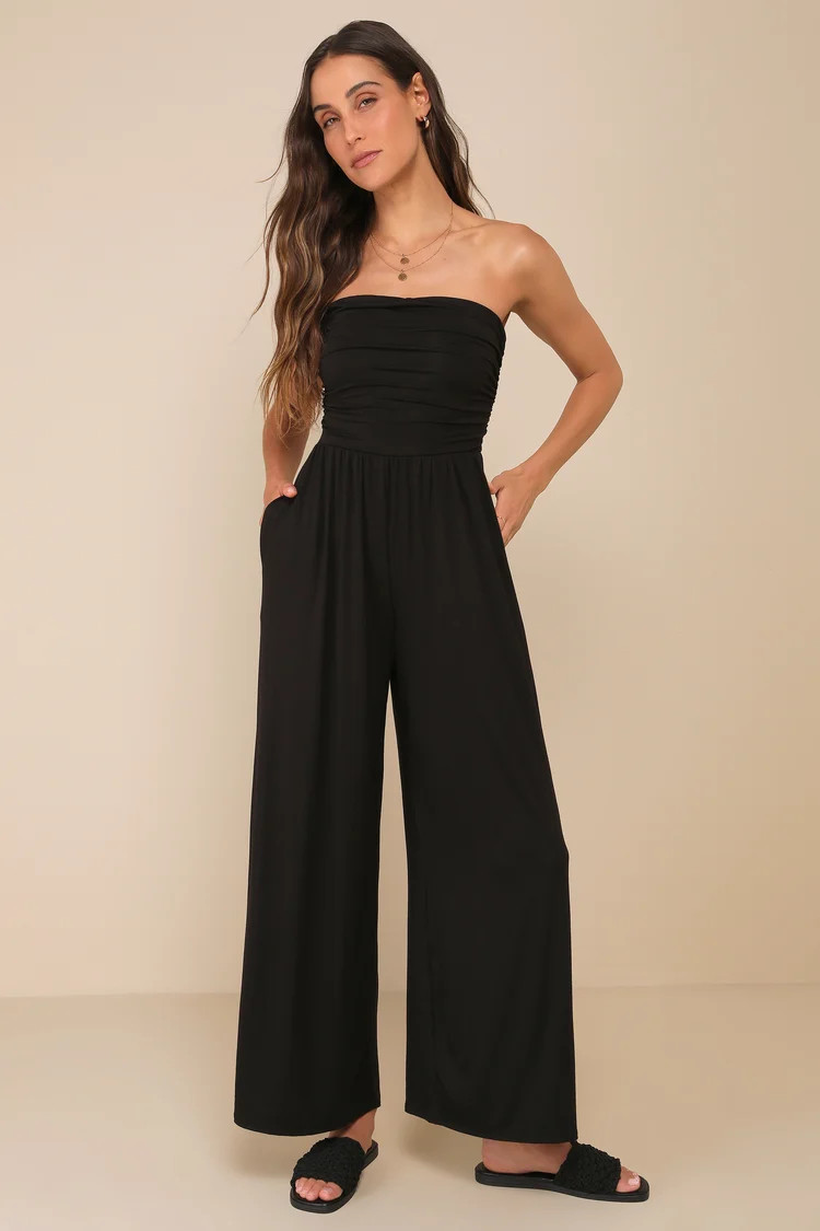 Flirty Posture Black Jersey Knit Strapless Jumpsuit | Lulus
