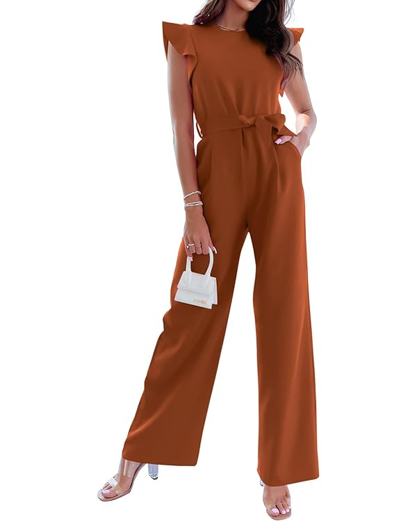 BTFBM Women Jumpsuits Crew Neck Ruffle Cap Sleeve Belted High Waist Wide Leg Romper with Pockets ... | Amazon (US)