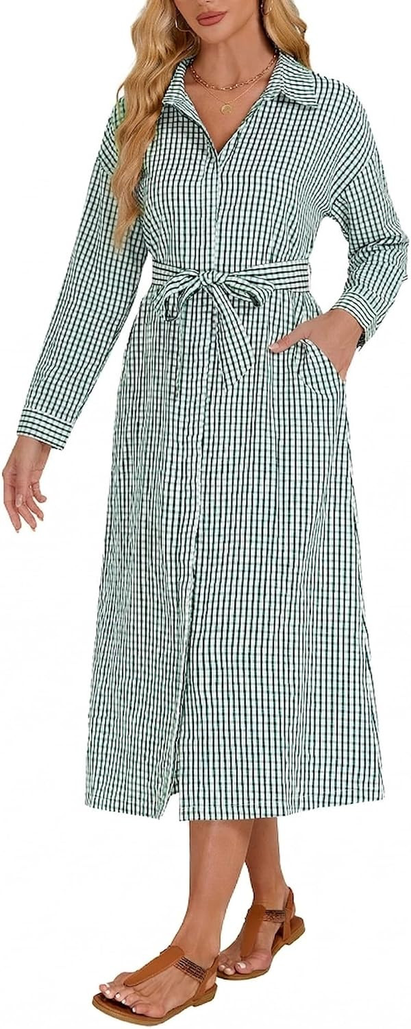 Women's Long Sleeve Plaid Maxi Dress Casual Button Down Belted Collar V Neck Long Shirt Dresses | Amazon (US)