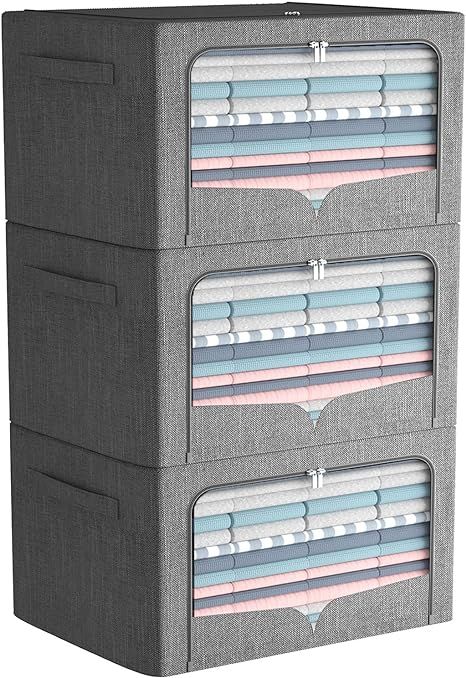 3 Pack Clothes Storage Bins - Foldable Metal Frame Storage Box - Stackable Linen Fabric Container... | Amazon (US)