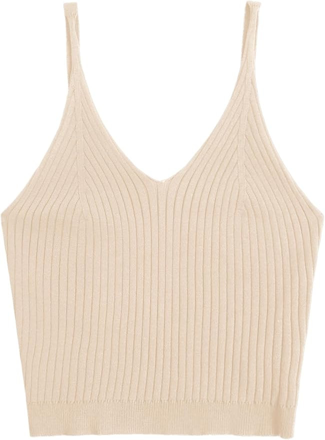 SweatyRocks Women's V Neck Crop Cami Top Ribbed Knit Spaghetti Strap Sleeveless Vest | Amazon (US)