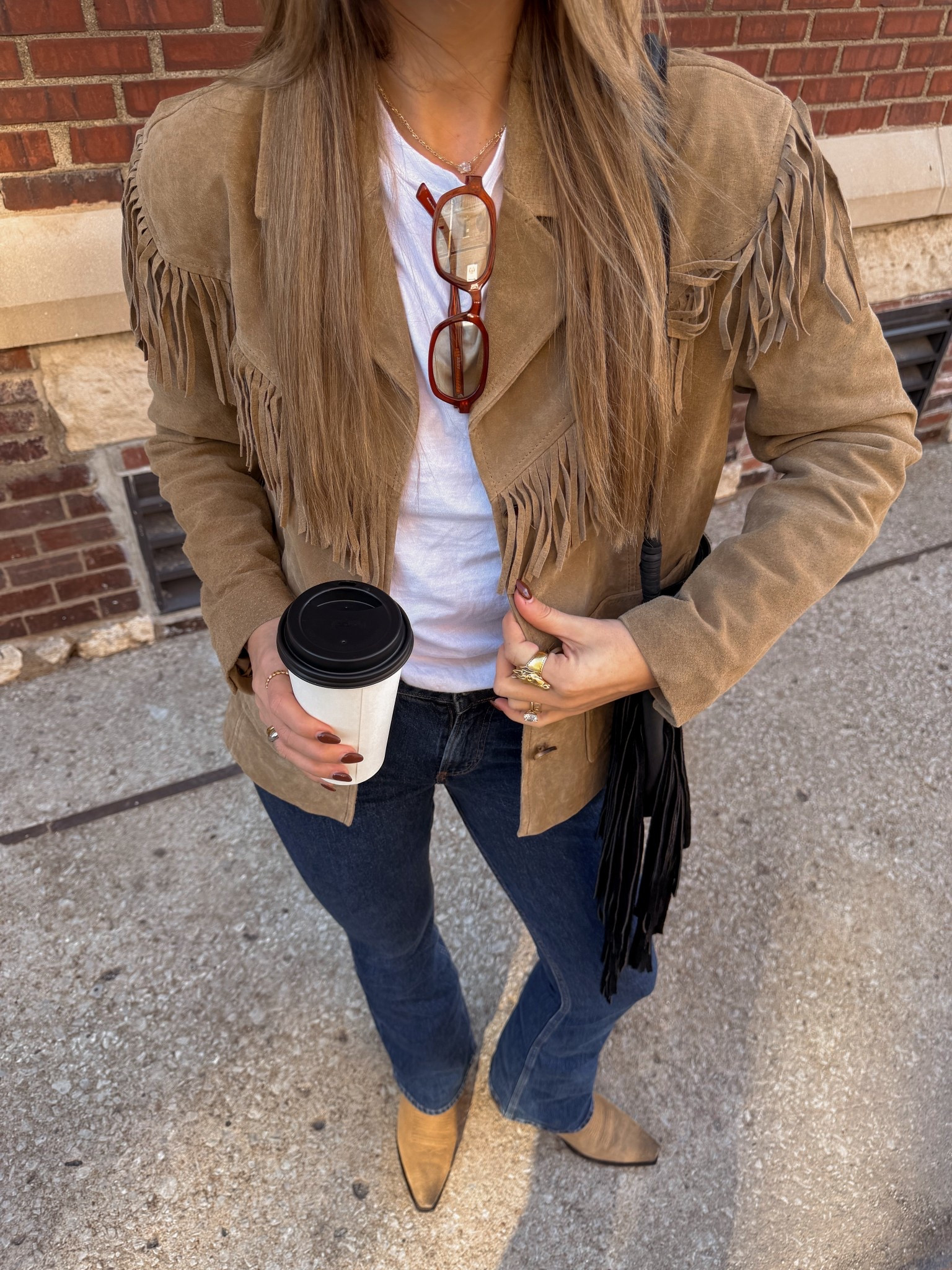 suede fringe jacket in a small, jeans in a 25/extra tall, tee in a small and size down half size in boots 

#LTKSaleAlert #LTKgrwm #LTKootd