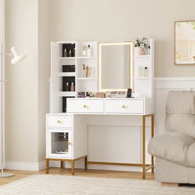 Makeup Vanity Desk with Mirror & Lights - 3-Color Lighting Modes, USB Charging Station & Storage, Modern Dressing Table Set with Stool for Bedroom | Wayfair North America