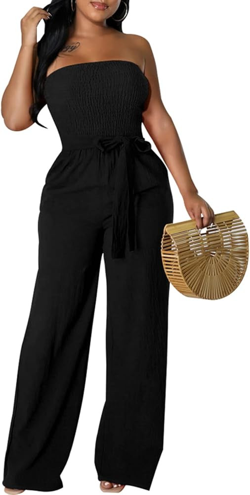 LightlyKiss Casual Summer Dressy Jumpsuits for Women Spaghetti Strap Wide Leg Split Long Pants Lo... | Amazon (US)