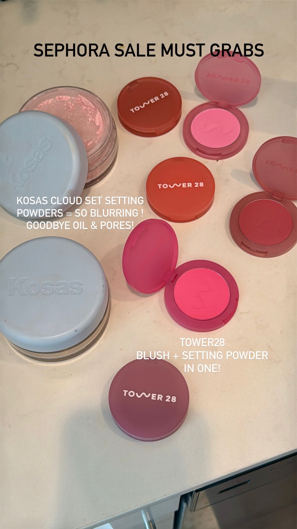 Sephora sale must grabs! 

Kosas cloud set setting powders
Tower28 GetSet Blush! It’s a setting powder + blush in one! 

#LTKFindsUnder50 #LTKBeauty