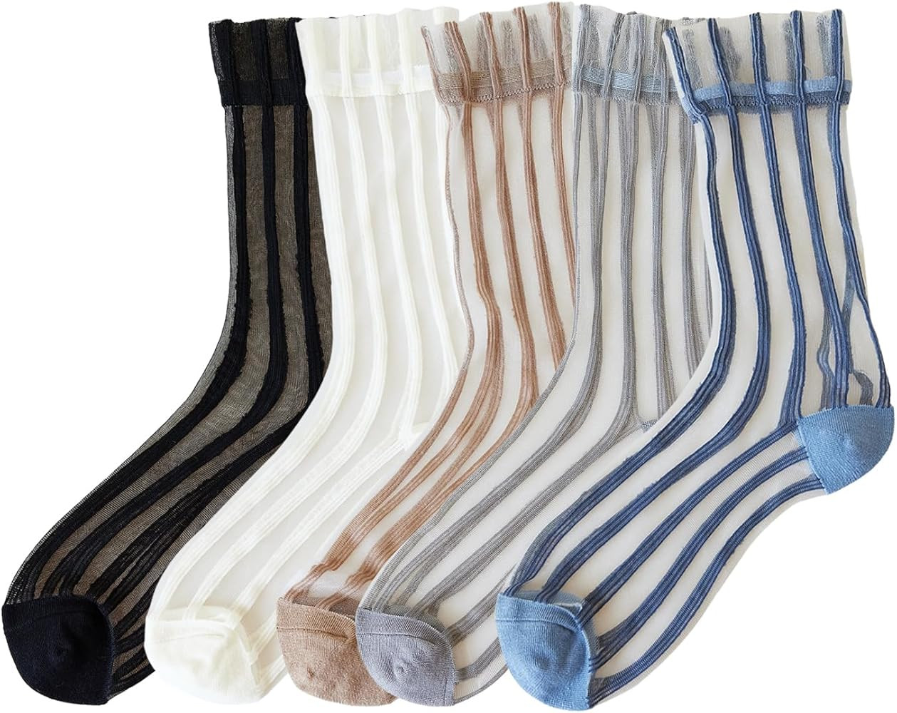 Yomutuir Sheer Socks for Women, Summer Mesh Stripe Patterned Transparent Thin Lace Elastic Crysta... | Amazon (US)