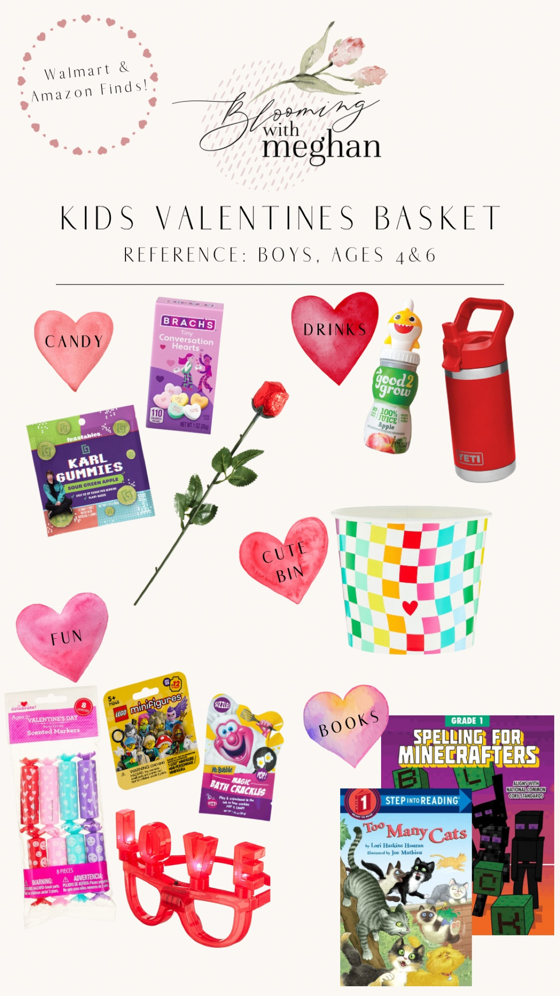 I love getting my kids a little something for Valentine’s Day. ❤️ I’m a momma of two boys, ages 4 and 6, but I think some of these items are fit for older kids, as well! 

I mostly shopped at Walmart, which had the cutest stuff! I got the container (7.7in x 6.3in) and it holds all the candy and fun items, plus the juice! Then, I wanted to add some books (as always) so I went on Amazon and found what I needed. My oldest loves Minecraft, and their workbooks really motivate him to work on his educational skills! And my youngest is into early readers. I’ll put the books and their splurge gift (the Yeti tumbler) next to their little container. Cute & affordable! ❤️ I linked a similar, more affordable tumbler, as well. (We desperately needed new ones, so I got that one too.)

#LTKGiftGuide #LTKSeasonal #LTKkids