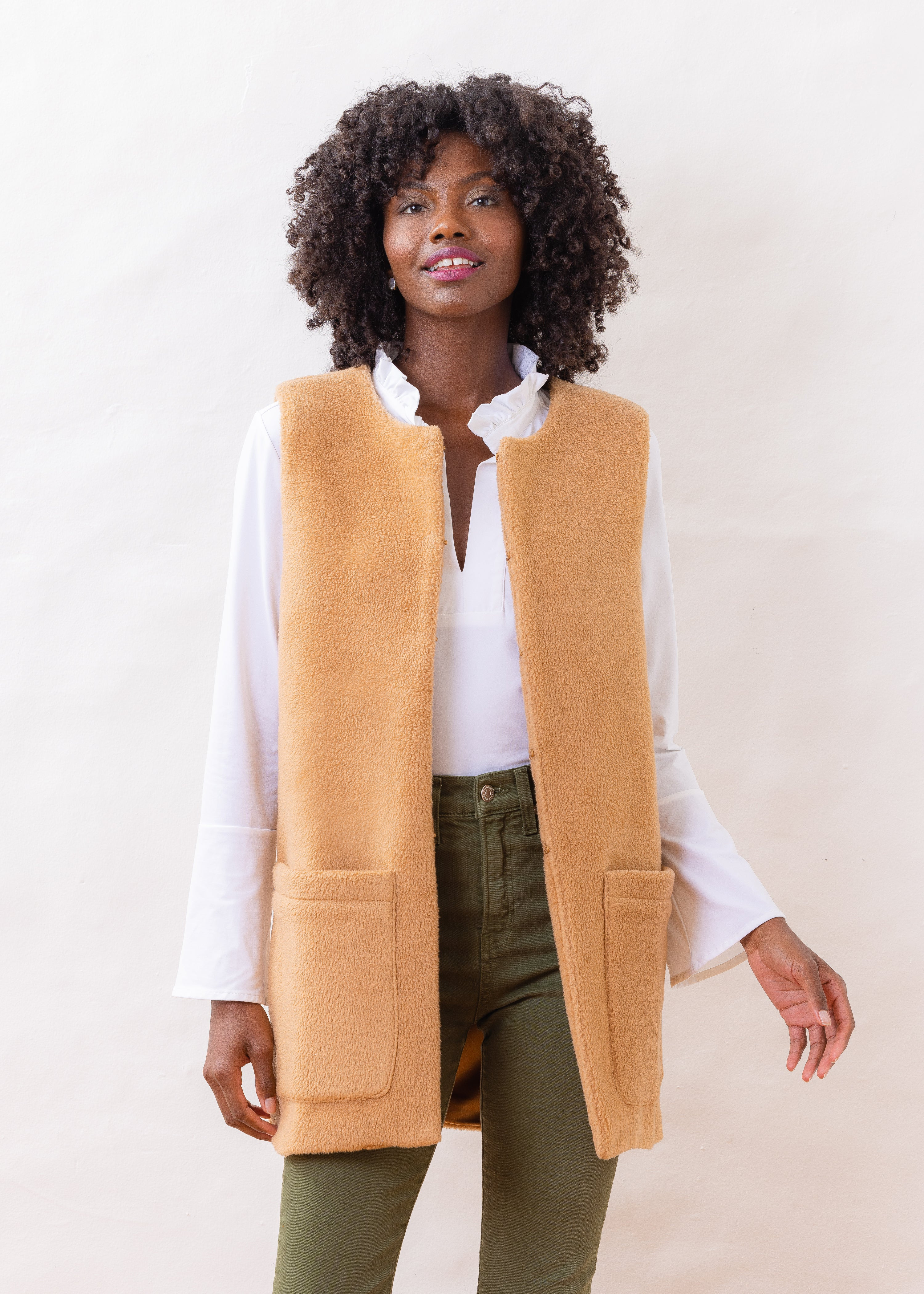 Lafayette Vest in Sherpa Fleece (Camel) | Dudley Stephens