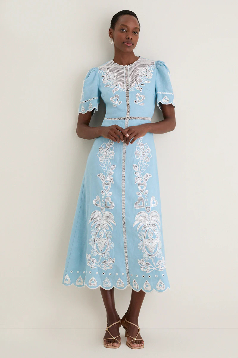 Light Blue Embroidery Short Sleeve Midi Dress | Tuckernuck (US)