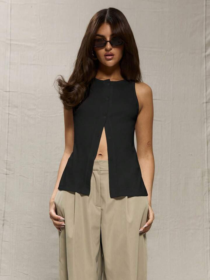 MUSERA Women Plain Color Round Neck Button Tank Top, For Summer | SHEIN